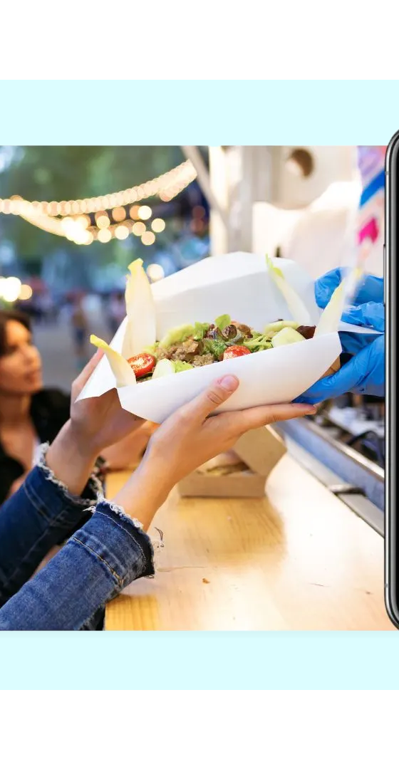 FaciliPay mobile ordering menu screen beside friends being served food at an outdoor venue.