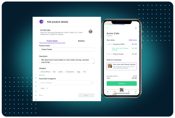 Facilipay powers mobile ordering with allergen info, product management, and automatic campaign rewards.