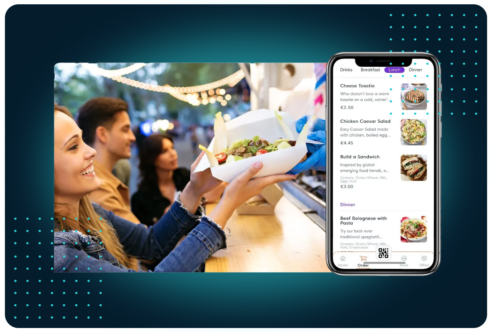 Pre-order food and drinks from your phone — browse the menu, skip the line, and collect your order fresh at any event or venue.