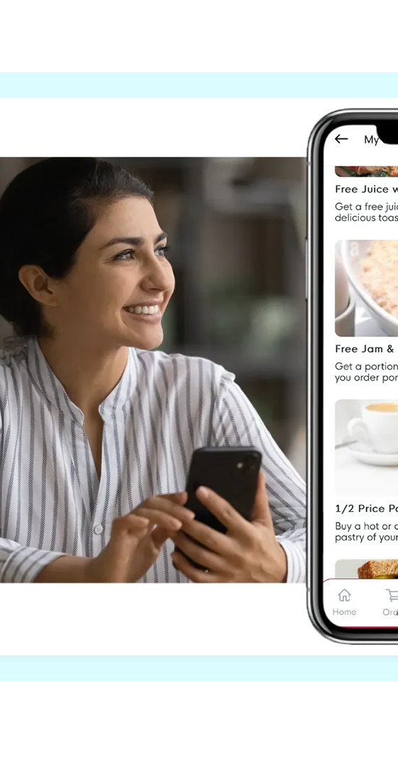 FaciliPay app Offers screen with promotional deals, beside a customer using her phone.