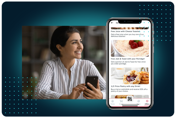 Smiling woman on her phone beside the FaciliPay app Offers feed showing free-item and discount deals.