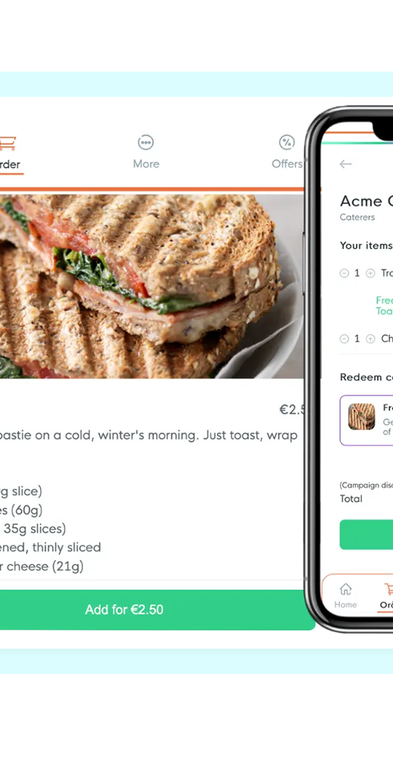 FaciliPay online ordering and checkout screens showing a menu item, cart, and applied offer.