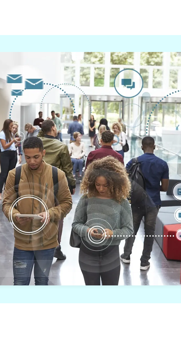 People using phones and tablets with overlaid messaging, email, and social engagement icons, representing FaciliPay CRM and marketing.