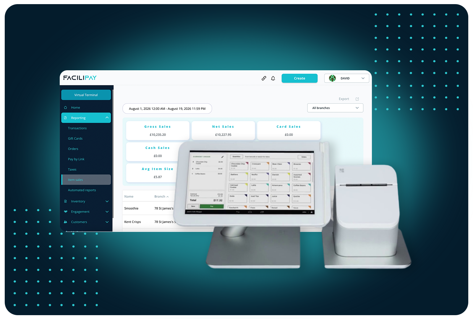 POS dashboard and countertop terminal showing net sales, key numbers, and an hourly sales chart for a hospitality business.