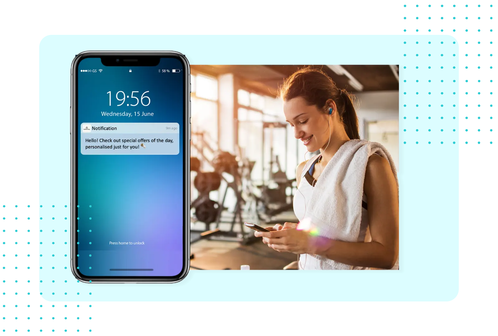 Phone lock screen showing a FaciliPay push notification with personalised offers, beside a woman checking her phone at the gym.