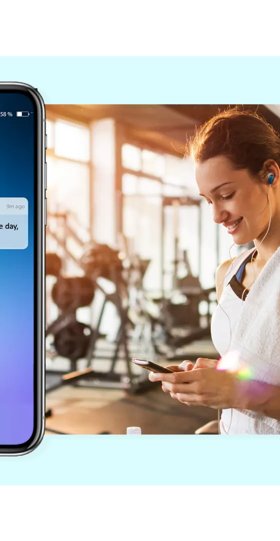 FaciliPay push notification with personalised offers on a phone lock screen, beside a woman at the gym.