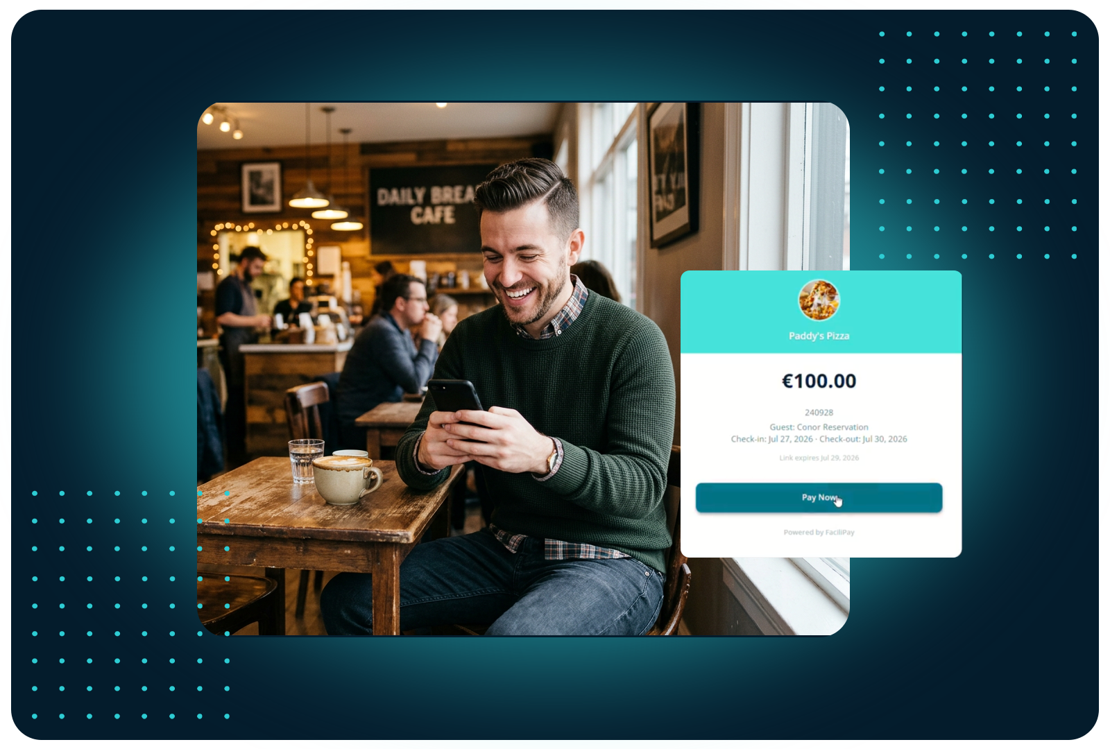 Man on his phone paying a FaciliPay secure payment link for a hotel reservation, showing booking details and Pay Now.