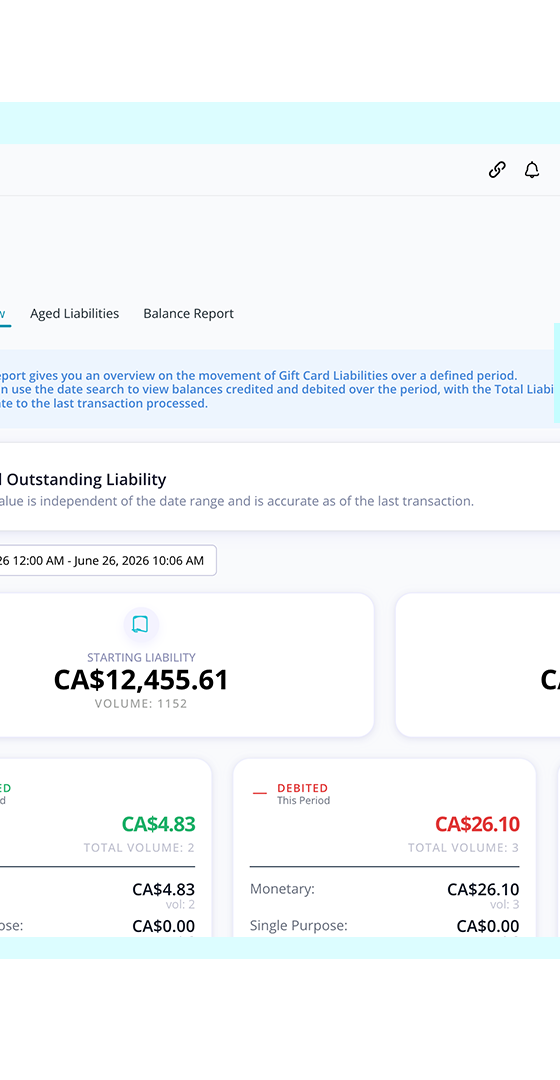 FaciliPay gift-card liability report showing outstanding, starting, ending, credited, debited, and expired balances.