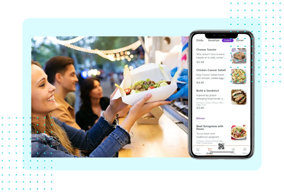 Friends collecting food at an outdoor venue beside the FaciliPay app menu, representing pre-order and order-ahead.