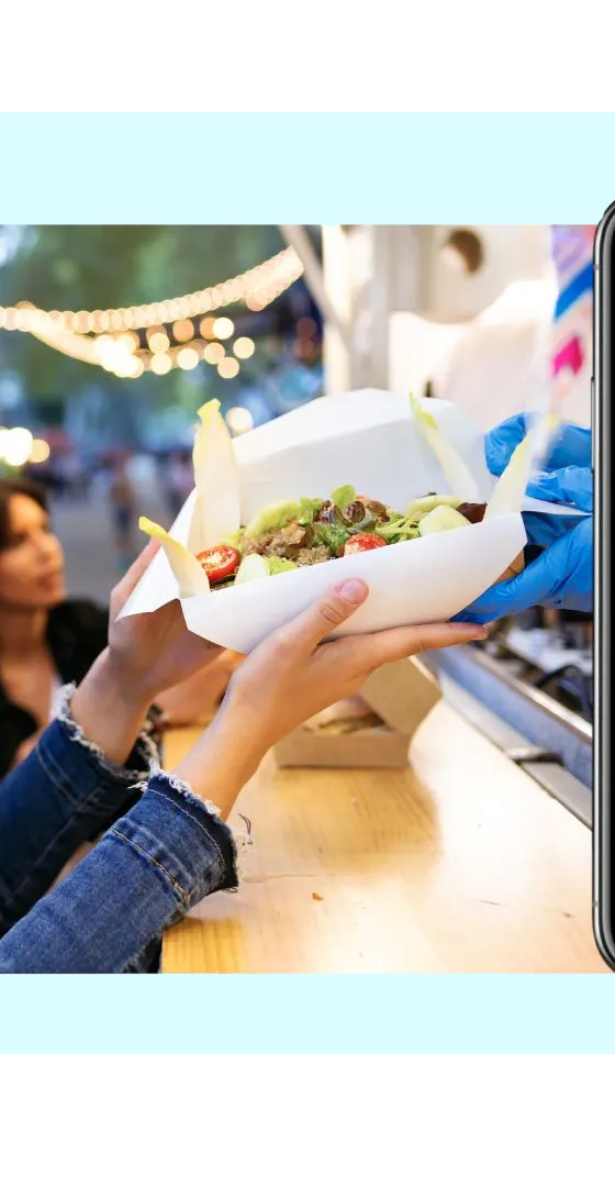 Friends collecting food at an outdoor venue beside the FaciliPay app menu, representing pre-order and order-ahead.