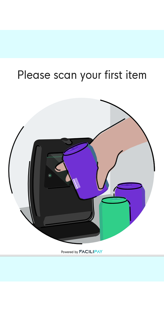 FaciliPay Scan & Go self-checkout screen prompting the customer to scan an item.