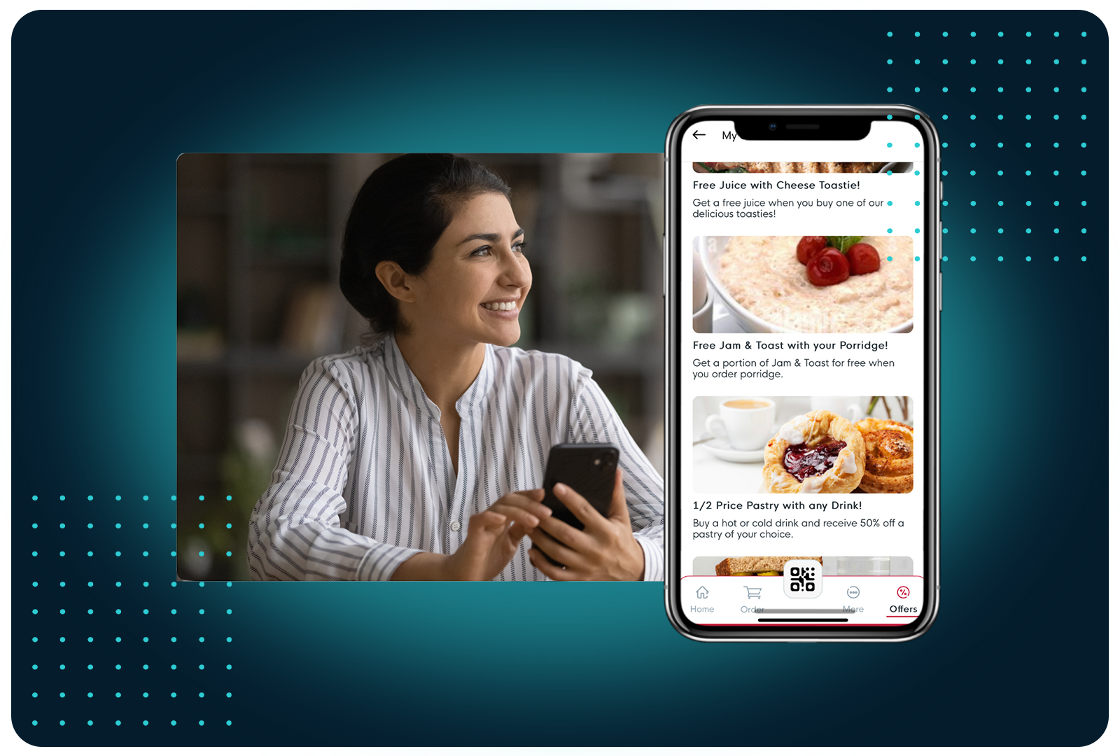 Smiling customer with a phone alongside the FaciliPay app Offers screen showing promotional deals and discounts.