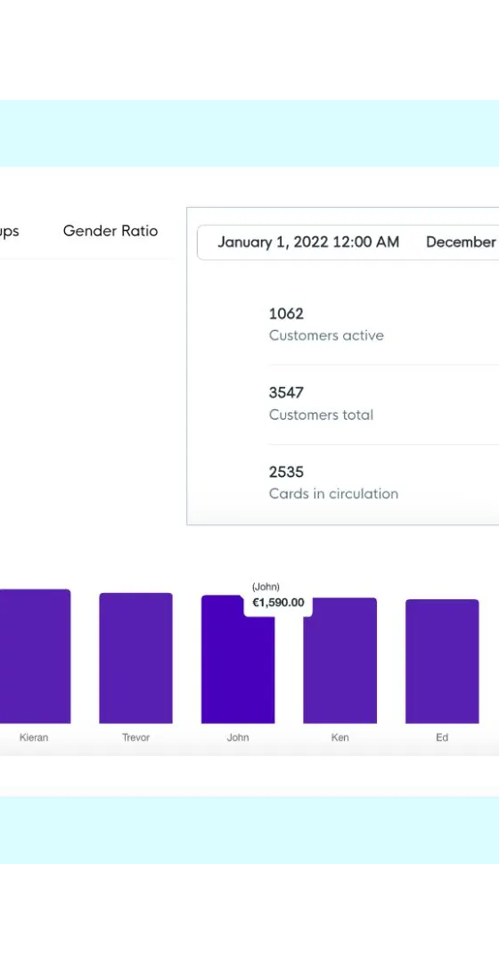 FaciliPay customer analytics showing a top-spenders chart with active customers, total customers, and cards in circulation.