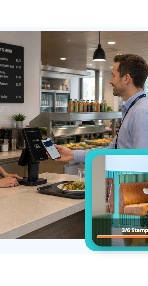 Customer making a contactless payment at a workplace café counter with a loyalty rewards overlay, representing FaciliPay's payment solutions
