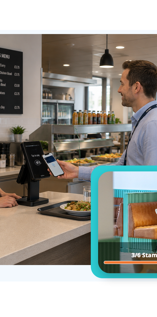 Contactless tap-to-pay at a staff restaurant counter alongside a FaciliPay loyalty stamp card, showing payments and rewards for workplace di