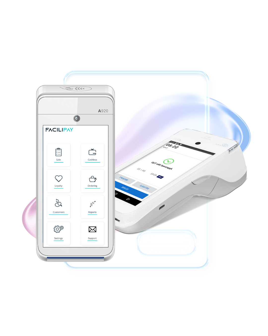 Facilipay integrated payment terminal and mobile app showing commerce features