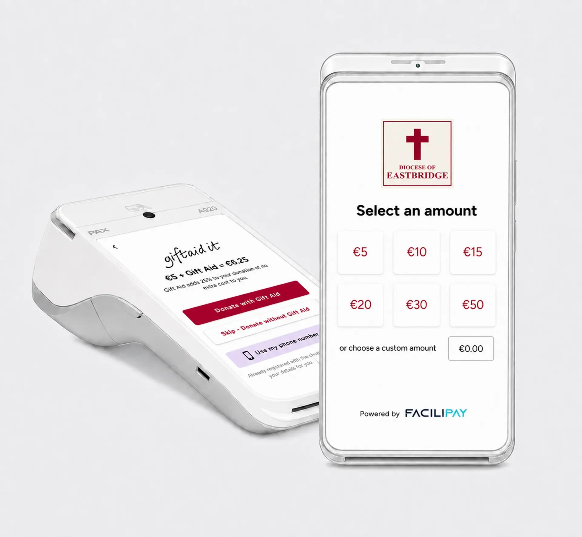 Charity volunteer taking a contactless donation on a Facilipay smart payment terminal